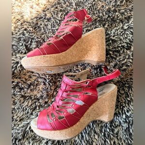 JBU Red Strappy Wedge Sandals
